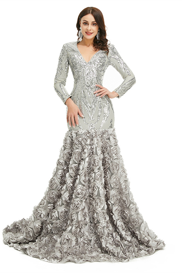 Charming Black V-neck Long Sleeves Lace Prom Dress