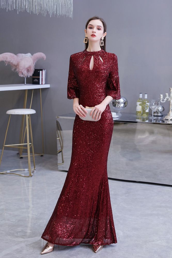 Glittering Half Sleeves Keyhole Mermaid Long Burgundy Prom Dress
