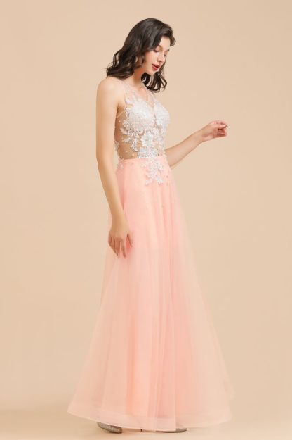 Simple Round neck Lace appliques Pink A-line evening dress