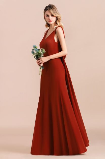 Burgundy V-Neck Aline Wedding Party Dress Sleeveless Bridesmaid Dress with Cape