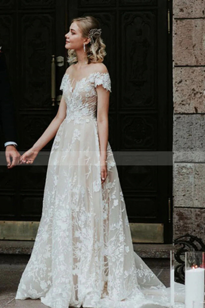 Charming Off Shoulder Floral Lace Bridal Gown Princess White Aline Wedding Dress