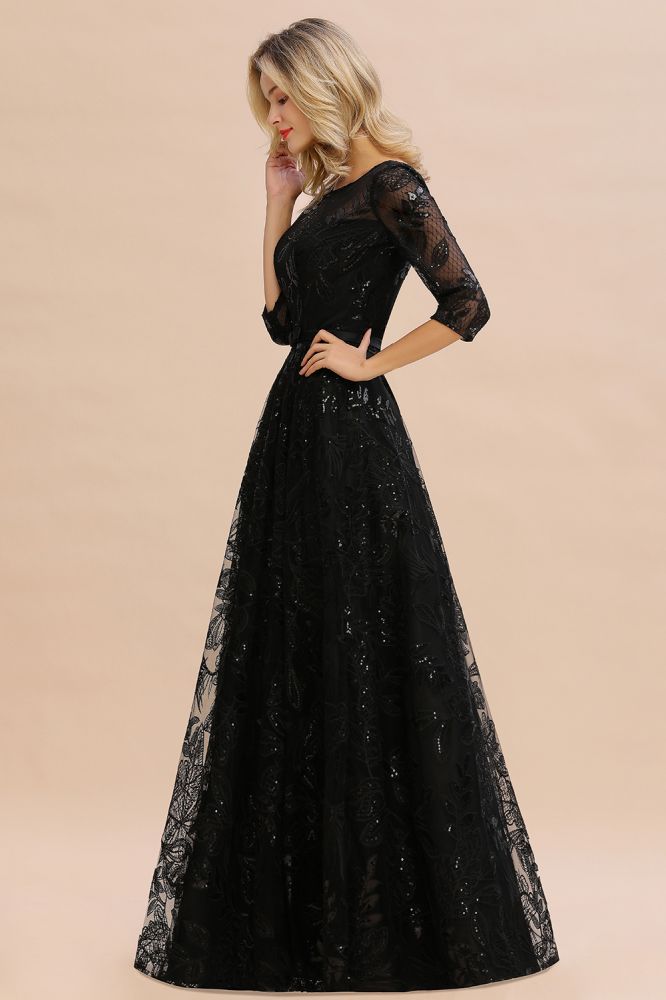 Acacia | Scoop neck Long Sleeves Black Prom Dresses with Sparkly Floral Designs