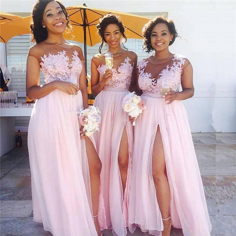 Pink Lace Chiffon Sexy Bridesmaid Dresses Splits Long Dress for Maid of Honor Online BA6919