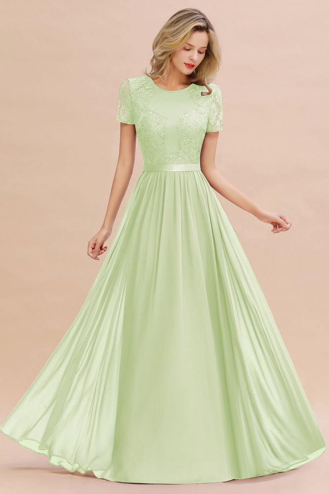 Retro Chiffon Lace Scoop Short-Sleeves Online Bridesmaid Dress