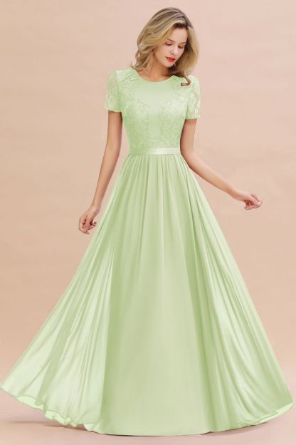 Retro Chiffon Lace Scoop Short-Sleeves Online Bridesmaid Dress