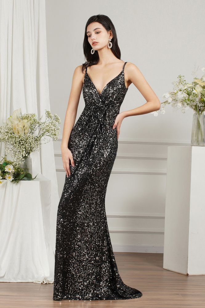 Black Sparkly Spaghetti Strap Sleeveless Long Meramid Sequins Prom Dress