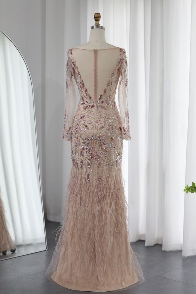 Elegant Scoop Neck Long Sleeves Front Slit Evening Dress Glitter Sequins Flower Fur Floor-Length Wedding Party Dress-Babyonlinewholesale