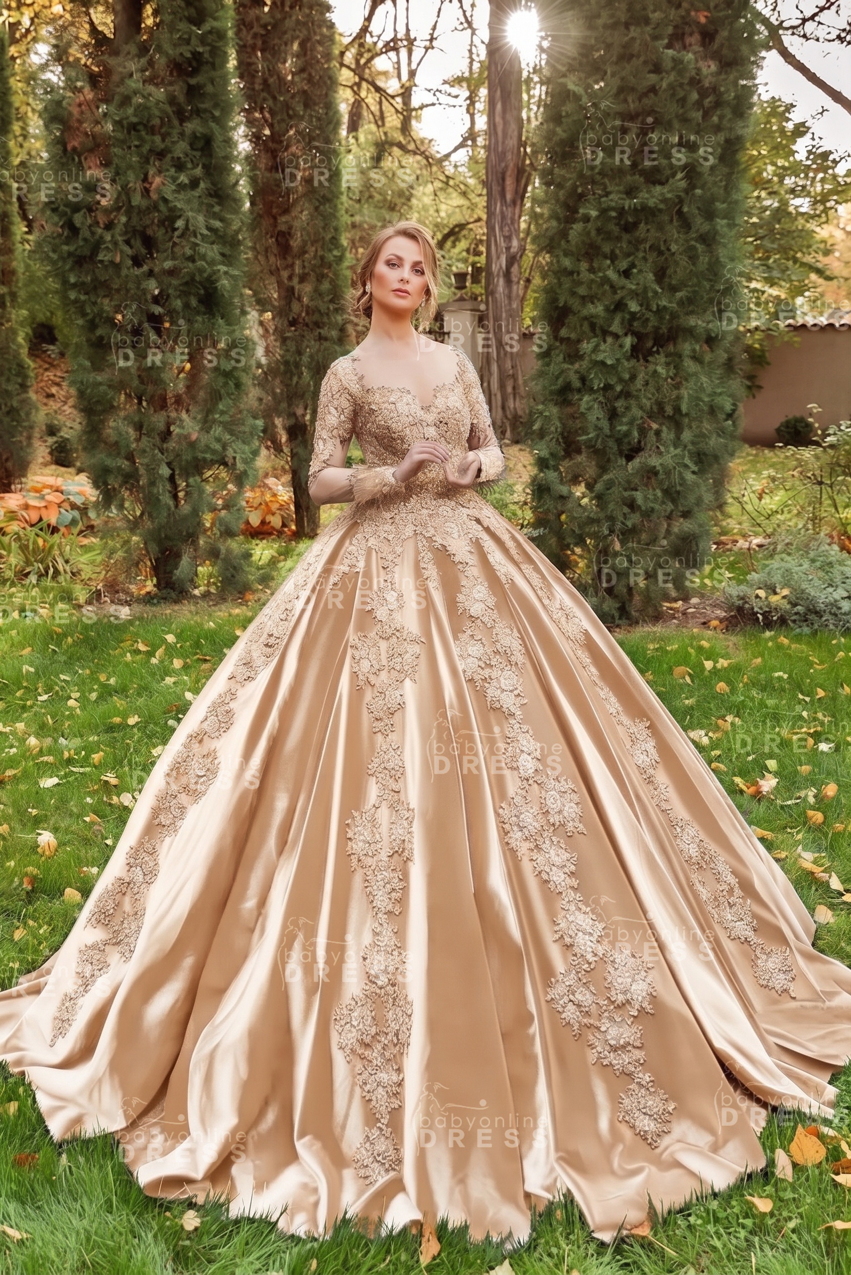 Gorgeous Long Sleeves Velvet Ball Gown with 3D Floral Appliques