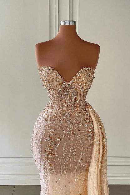 Glitter Crystals Sweetheart Strapless Mermaid Evening Party Dress with Side Sweep Train for Wedding