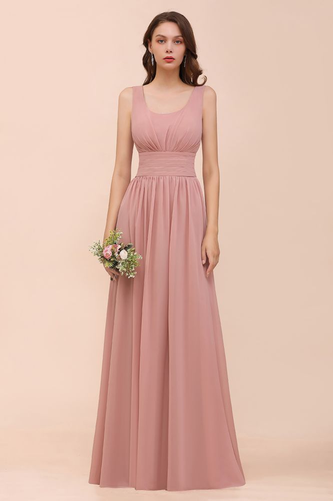Dusty Pink Suqare Neck Aline Bridesmaid Dress Sleeveless Evening Party Dress