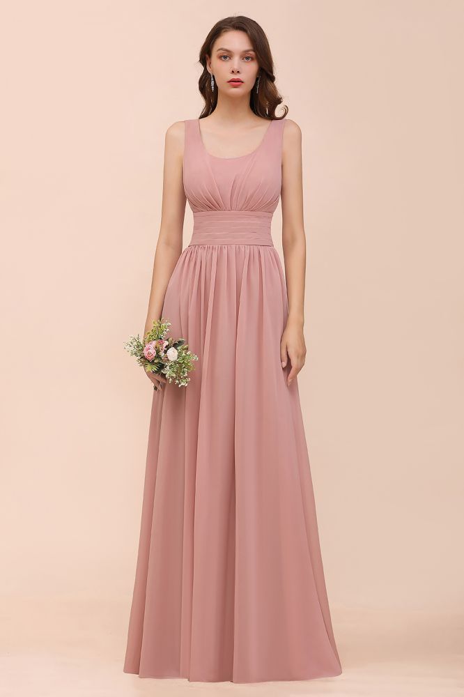 Dusty Pink Suqare Neck Aline Bridesmaid Dress Sleeveless Evening Party Dress