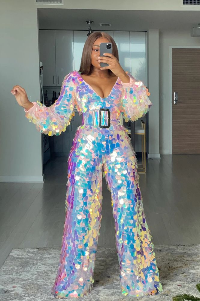 Shiny Sequined Long Women Jumpsuit Long Sleeves V-neck Women Outfit Clothing