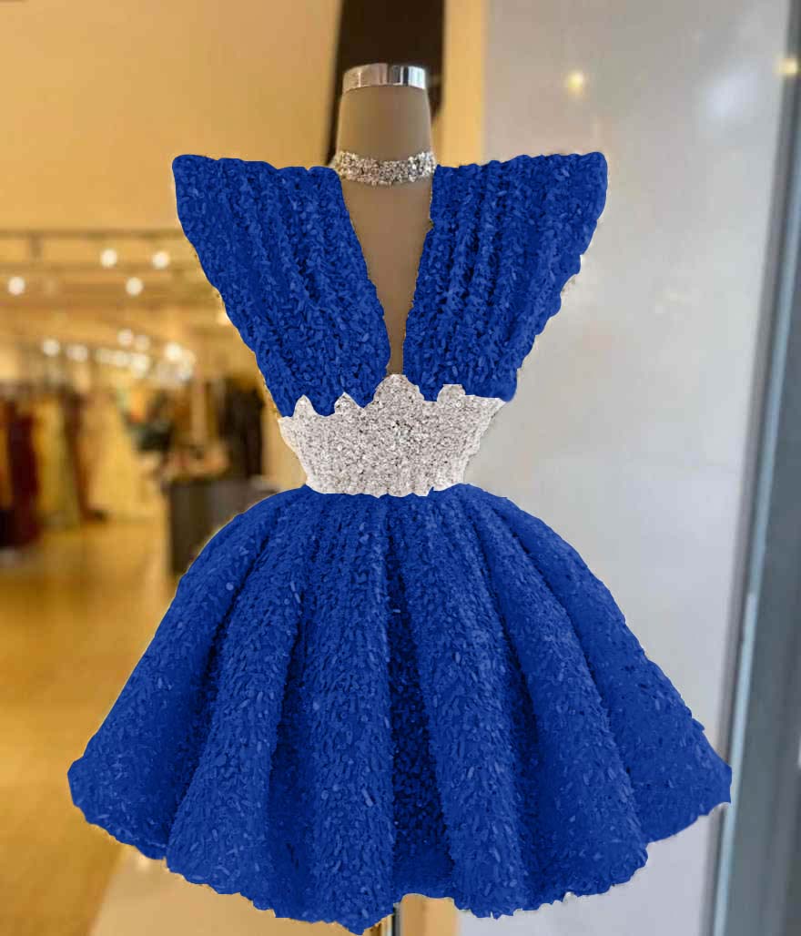 V Neck Sleeveless A Line Short Prom Dress With Pleated Sequins