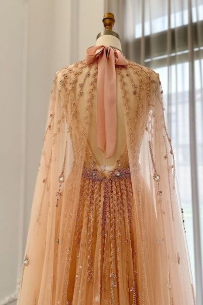 Halter Tulle Beadings Floor-Length Evening Dress with Cap Sleeves Tulle Party Dress