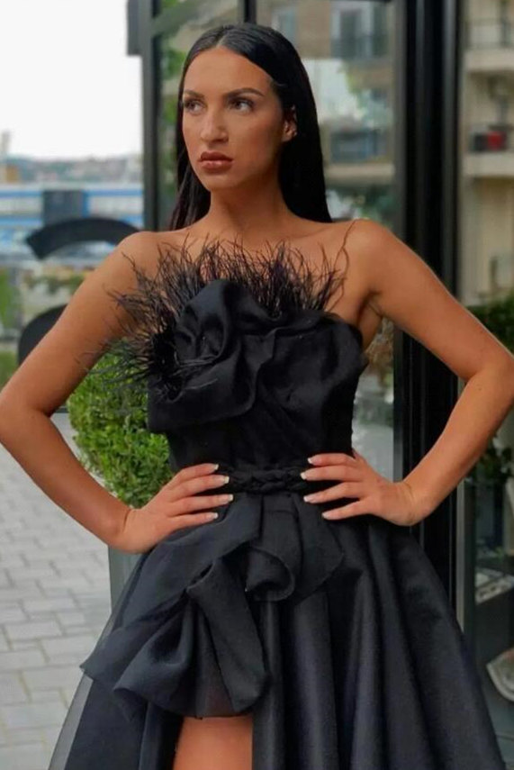 Vintage Black Tddecoration Strapless Ruffles Tea-length A-line Prom Dresses with Slit