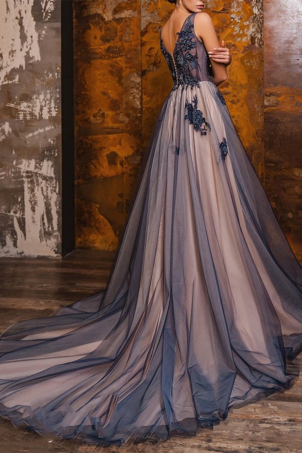 Black deep v-neck tulle see through skirt evening dress