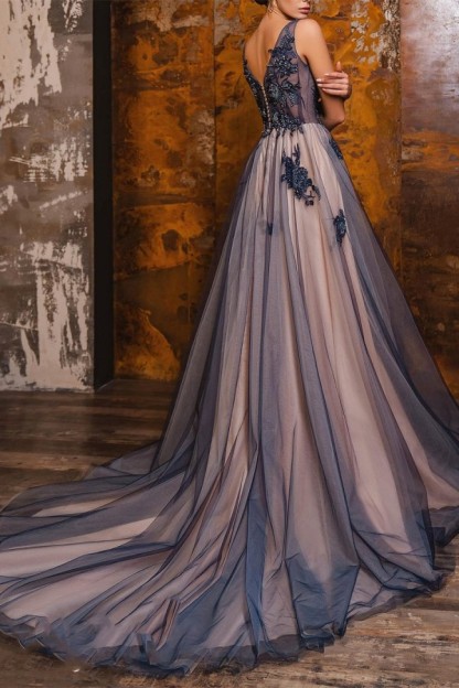 Black deep v-neck tulle see through skirt evening dress