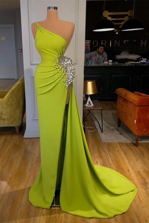 One shoulder Green Mermaid Beaded Prom Dresses