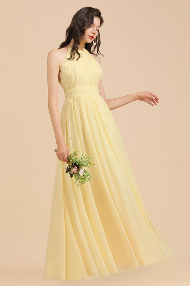Halter Pleated Chiffon Daffodil Bridesmaid Dress Side Slit Long Wedding Party Dress