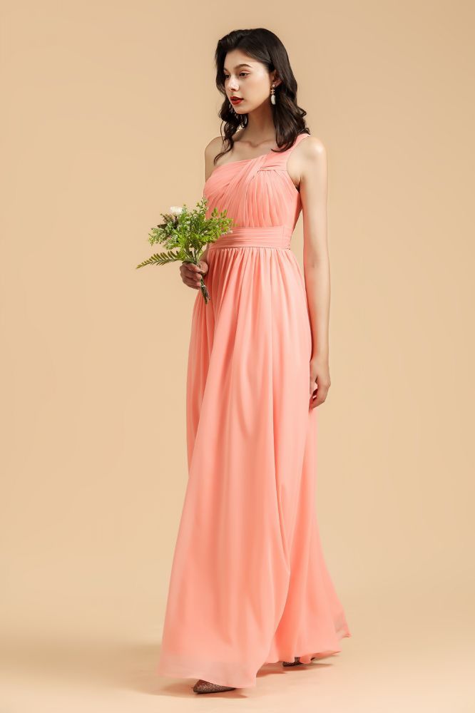 Pleated Chiffon One-Shoulder Bridesmaid Dress Sleeveless Long Wedding Party Dress