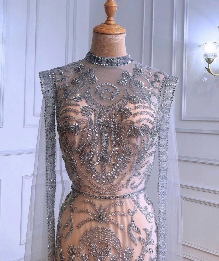 Luxury Sparkly Sequins Beads Long Mermaid Evening Gown Long Sleeve