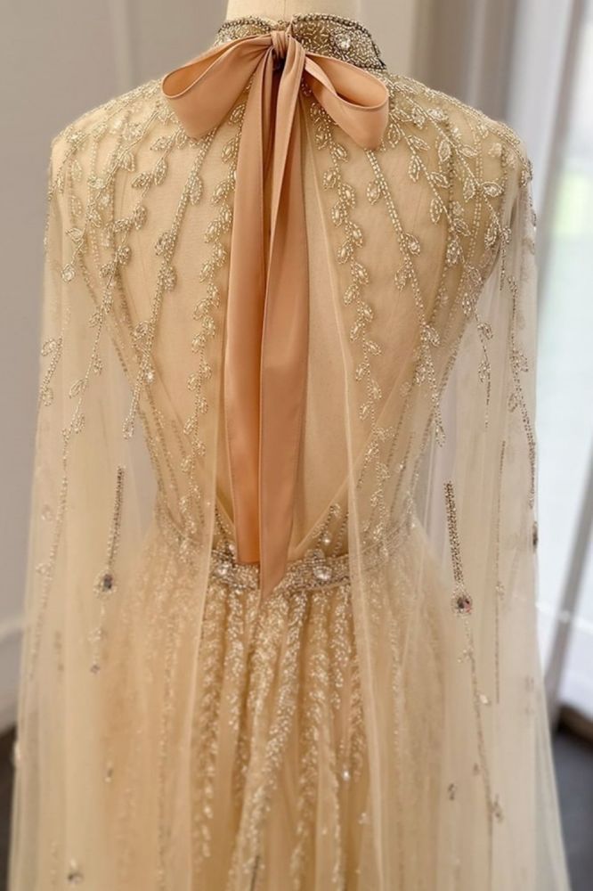 Halter Tulle Beadings Floor-Length Evening Dress with Cap Sleeves Tulle Party Dress