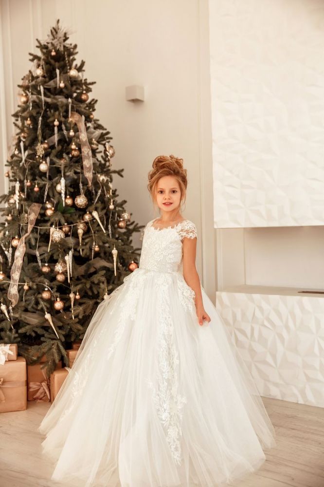 Lovely Cap Sleeves White Princess Flower Girl Dress for Wedding Christmas Party