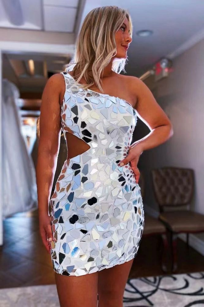 Silver Mirror-Cut Sequins One Shoulder Short Homecoming Dress
