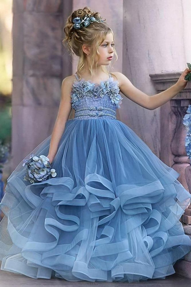 Cute Strapless Dusty Blue Ruffles Puffy Princess Flower Girl Dresses
