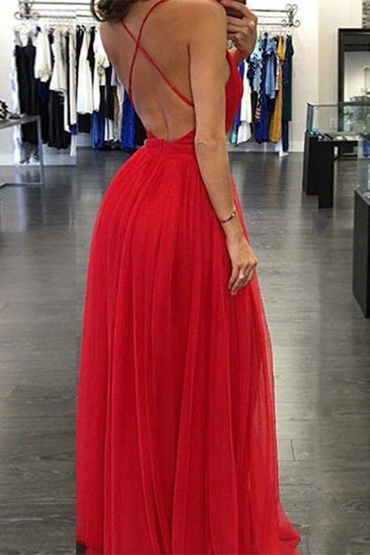 V-neck Straps Red Chiffon Long A-line Prom Dresses