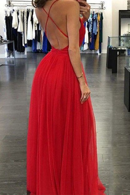 V-neck Straps Red Chiffon Long A-line Prom Dresses