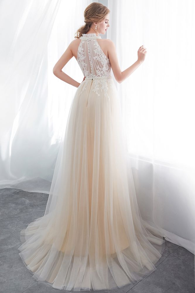 NATALIA | A-line Halter Floor Length Appliqued Tulle Evening Dresses