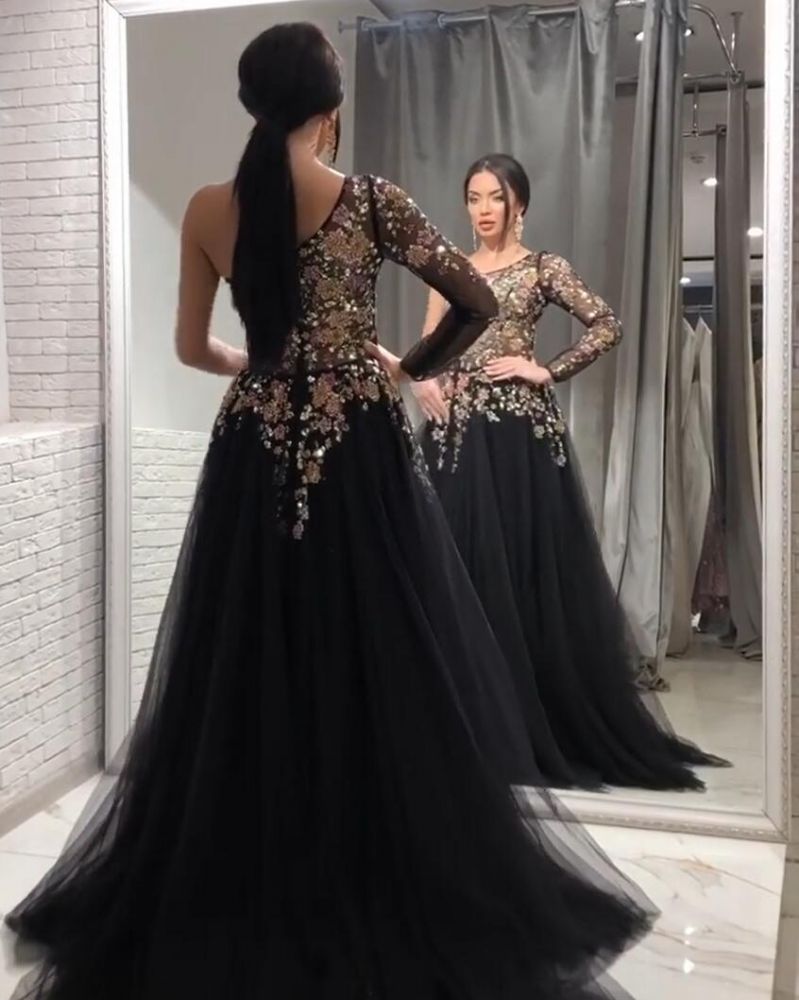 Stunning One Shoulder Black Floral Tulle Evening Dress