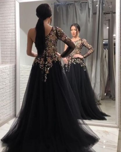 Stunning One Shoulder Black Floral Tulle Evening Dress