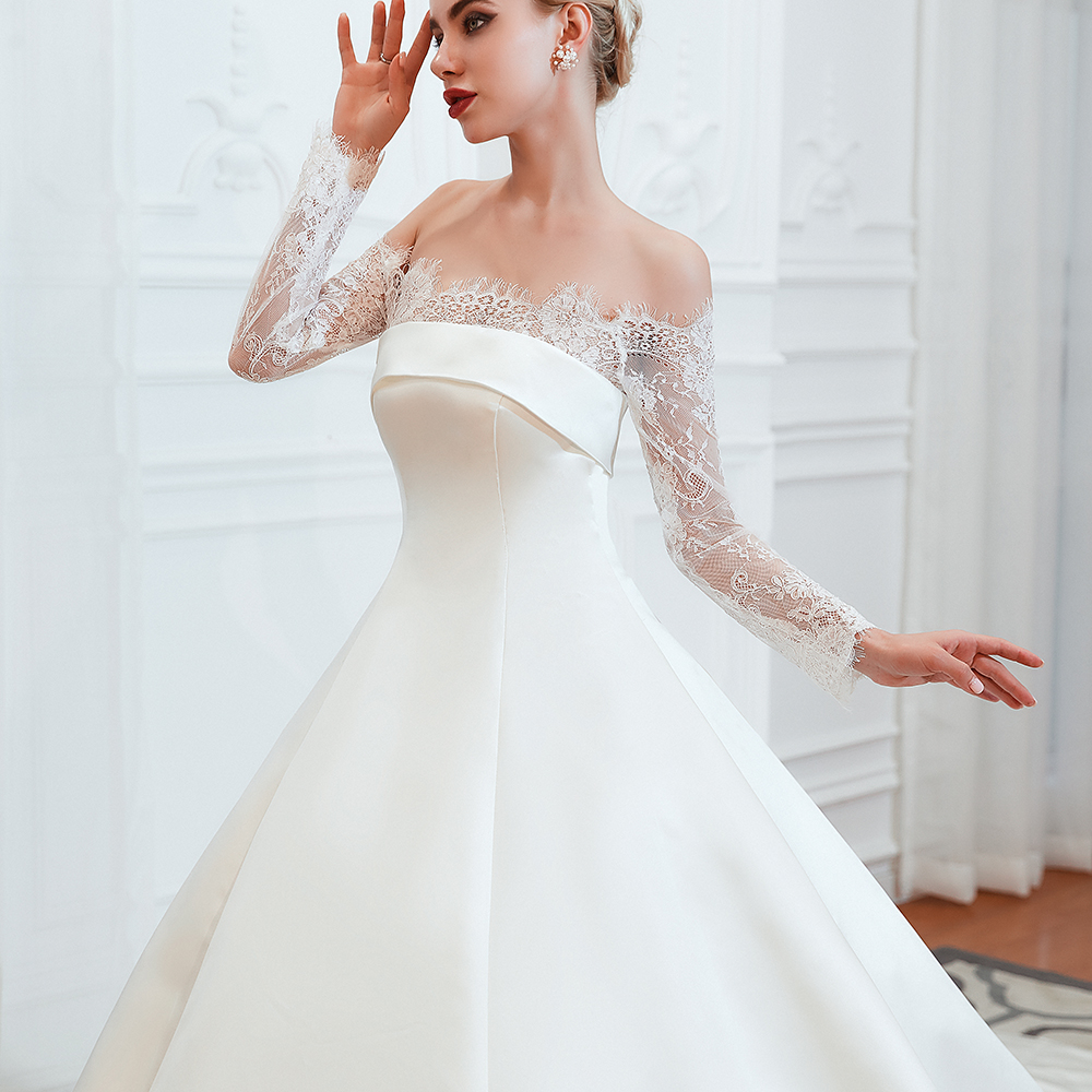 Romantic Lace Long Sleeves Princess Satin Wedding Dress | Princess Bridal Gowns with Cathedral Train