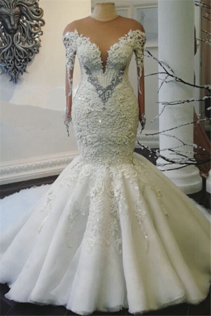 Mermaid Wedding Dresses with Trendy Overskirt | Beads Lace Appliques Long Sleeve Bridal Gowns