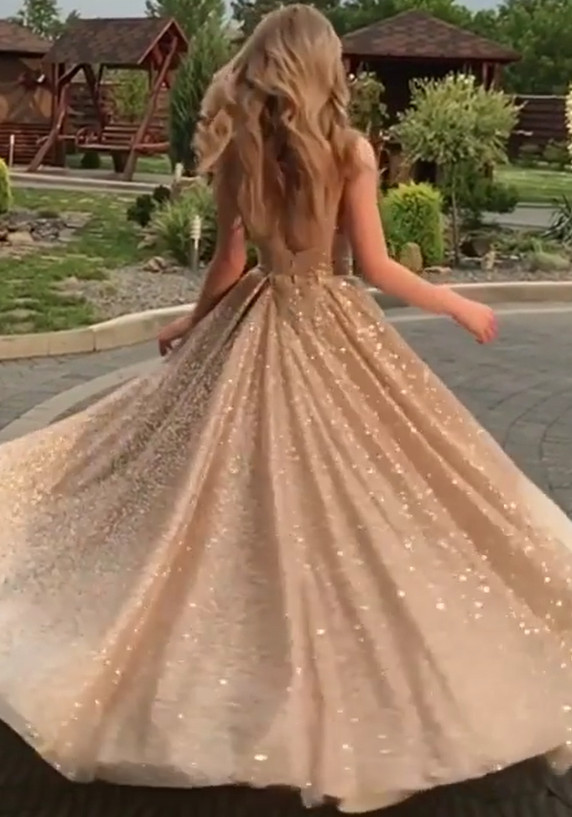 Open Back Champagne Gold Sequins Prom Dresses 2021 | Sleeveless Sexy Evening Gowns BC0562