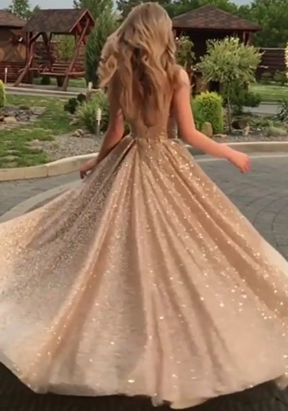 Open Back Champagne Gold Sequins Prom Dresses 2021 | Sleeveless Sexy Evening Gowns BC0562