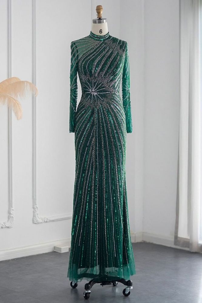 Elegant High Neck Long Sleeves Beading Mermaid Evening Gowns with Crystals Sash