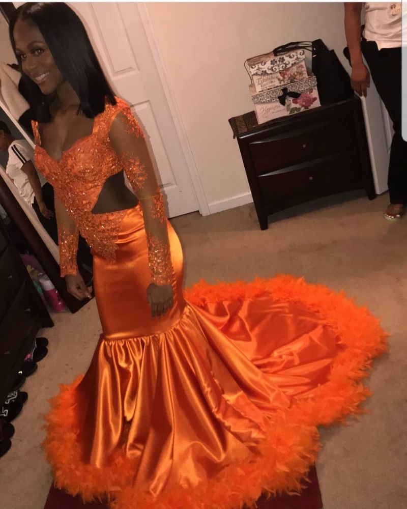 Chic V-Neck Long Sleeves Appliques Tulle Sequins Mermaid Floor-Length Prom Dresses