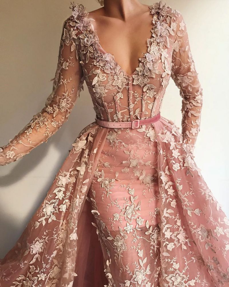 Sexy See Through Tulle Pink Long Sleeves Prom Dress | Charming Mermaid V Neck Appliques Long Prom Dress-Babyonlinewholesale