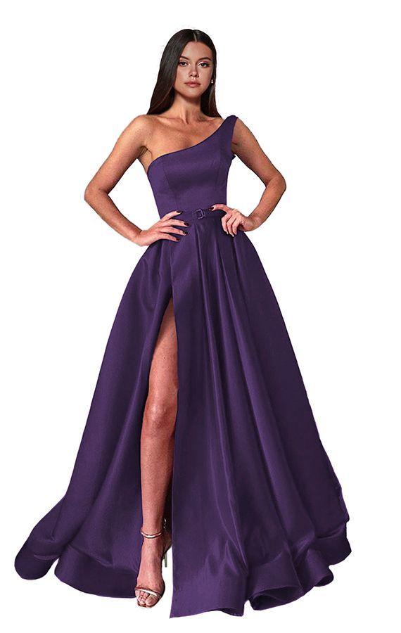 One shoulder Burgundy High Split A-line Ball Gown Prom Dresses
