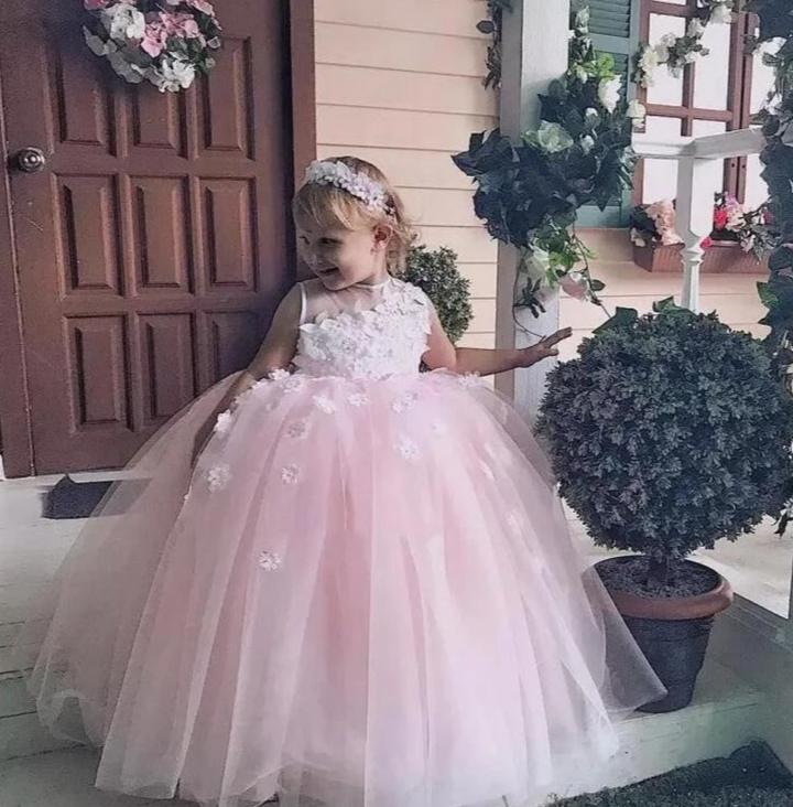 Cute Puffy Jewel Spring Lace Appliqued Sleeveless Flower Girl Dresses | Crew Long Tulle Little Girl Pageant Dress-Babyonlinewholesale
