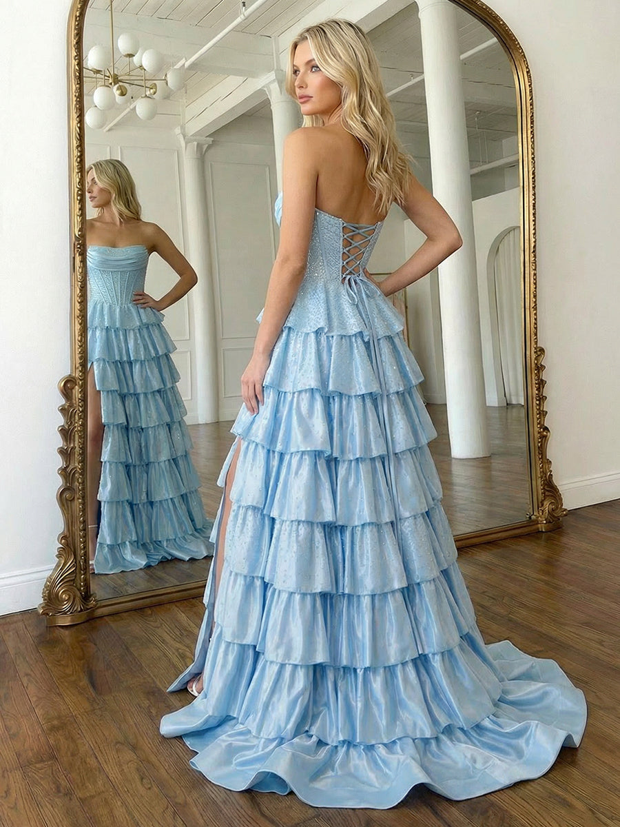 Strapless Sequins Tiered Prom Dress Long with Slit Sleeveless Corset Evening Dress
