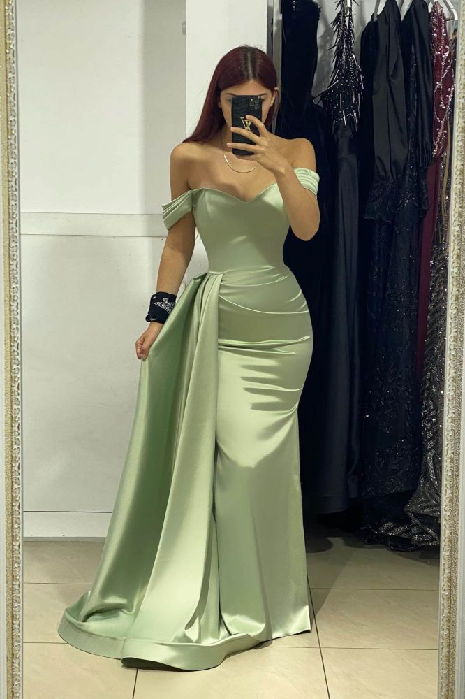 Sage Green Mermaid Satin Long Court Train Prom Dresses