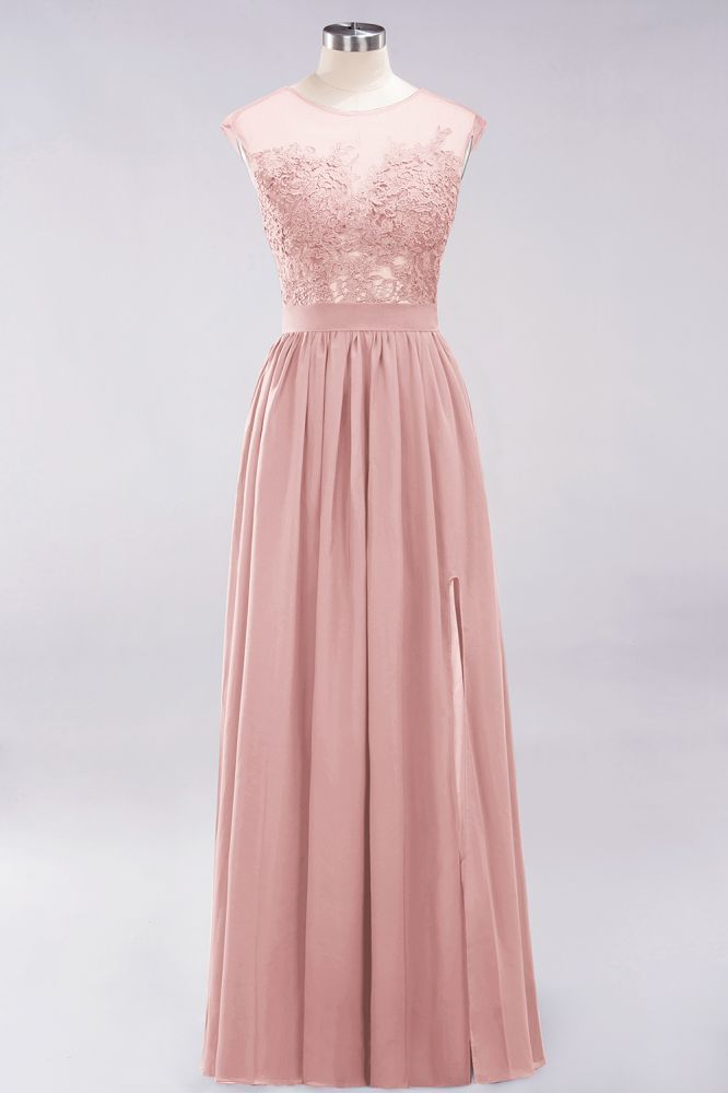 A-line Chiffon Lace Jewel Sleeveless Floor-Length Bridesmaid Dresses with Appliques