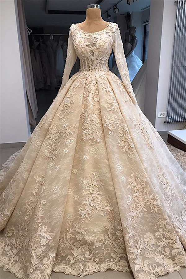 Elegant Scoop Long Sleeves Appliques Ball Gown Wedding Dresses