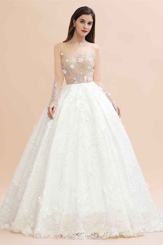 Charming Floral Lace Appliques Wedding Dress Gorgeous White Beads Bridal Gown