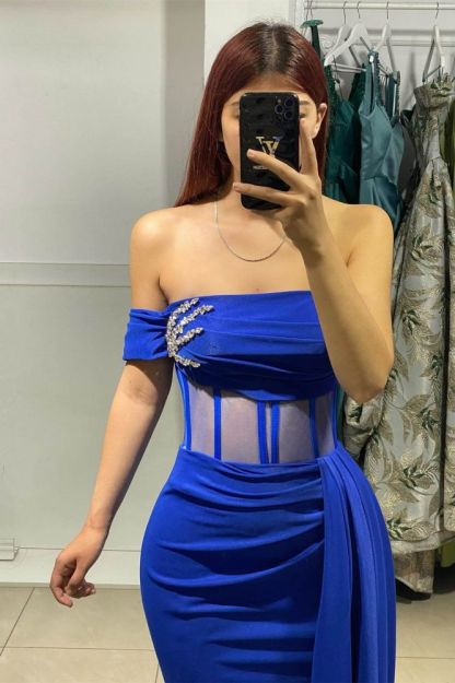 Strapless Royal Blue Sleeveless Floor length Prom Dresses