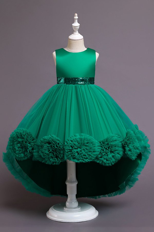 Dark green tulle sleeveless high low flower gril dress